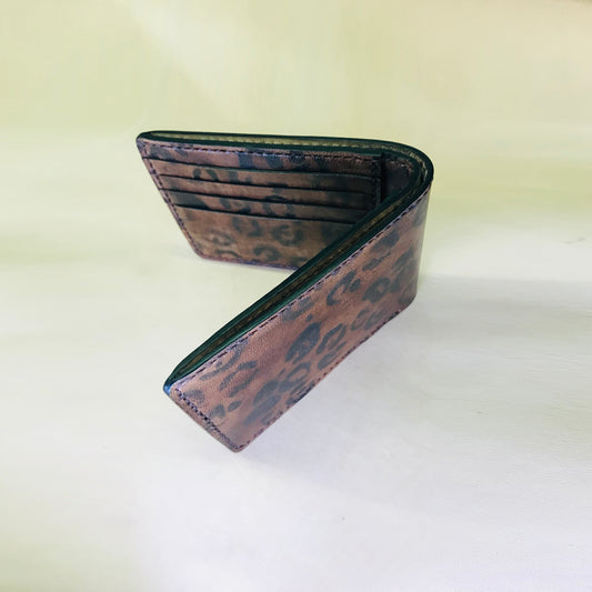 leopard print Bi-fold wallet Handmade Hand-Stitched
