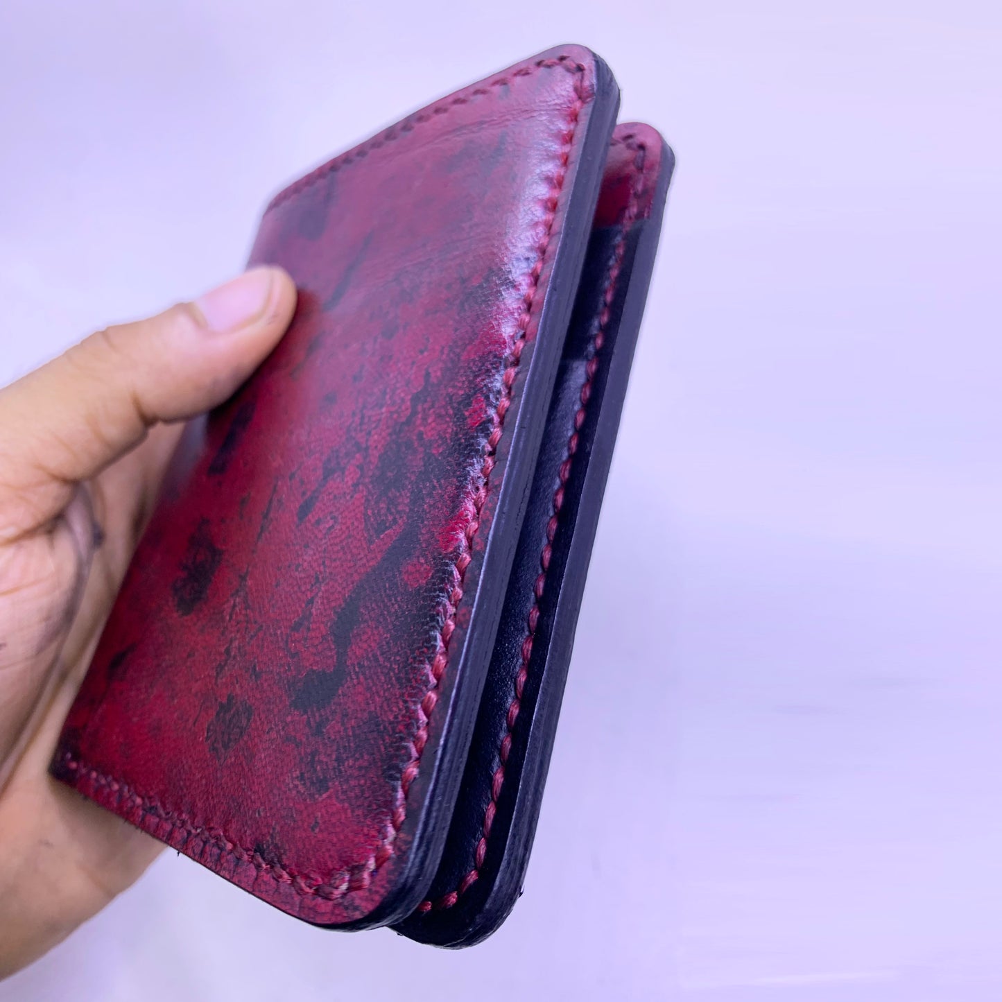 RED Slim wallet, Handmade Hand-Stitched