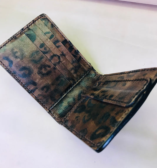 leopard print Bi-fold wallet Handmade Hand-Stitched
