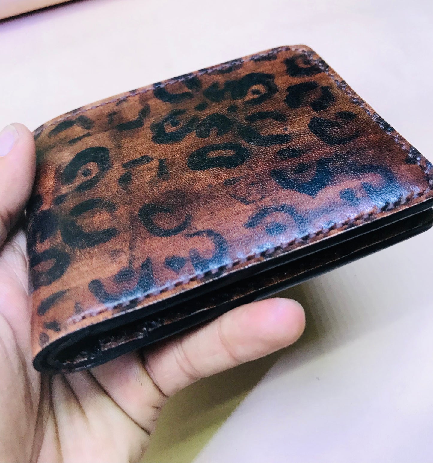 leopard print Bi-fold wallet Handmade Hand-Stitched