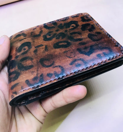 leopard print Bi-fold wallet Handmade Hand-Stitched