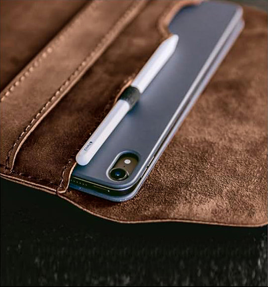 Top-Grain Leather Case for iPad Pro 13, iPad Air 13 & iPad Pro 12.9 M1/M2 with Pencil Holder - Handmade - Hand Stitched